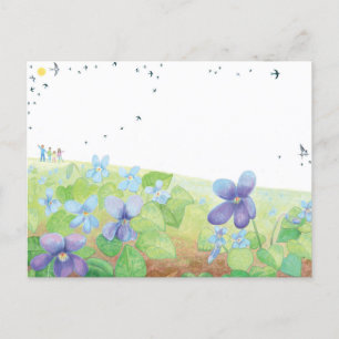 Wild Violet Spring Hill, Kids and Swallow Birds Postcard