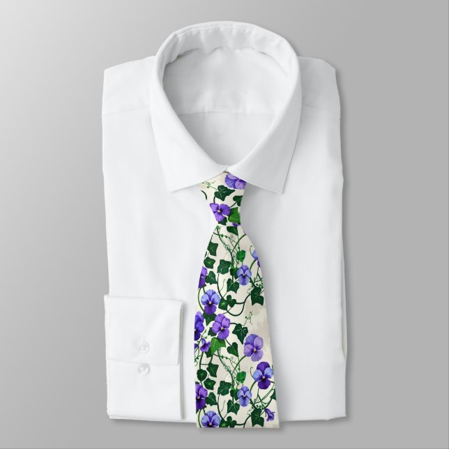 Wild Violets & Ivy Seamless Botanical Pattern Tie (Tied)