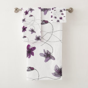 Wild Violets Watercolor Hand-painted Bath Towel Set