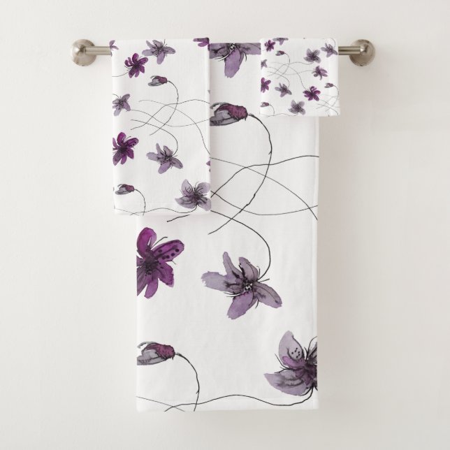 Wild Violets Watercolor Hand-painted Bath Towel Set (Insitu)