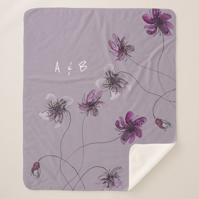 Wild Violets Watercolor Hand-painted Monogrammed Sherpa Blanket (Front)