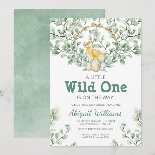 Wild Watercolor Greenery Chick & Nest Baby Shower Invitation (Front/Back)