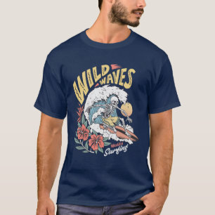 Wild Waves Skeleton on a Surfboard T-Shirt