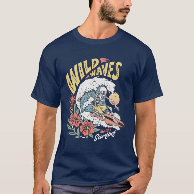 Wild Waves Skeleton on a Surfboard T-Shirt (Front)
