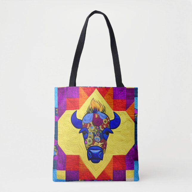 Wild West Bison Quilt Like Design Tote Bag (Front)