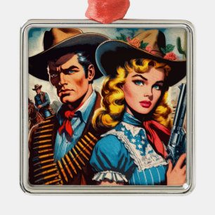 Wild West Couple Retro Comics Metal Ornament