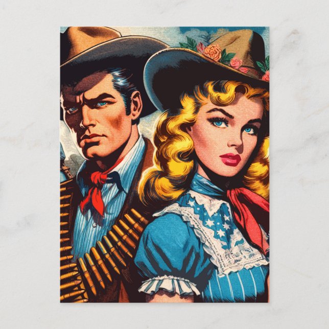 Wild West Couple Retro Comics Postcard (Front)