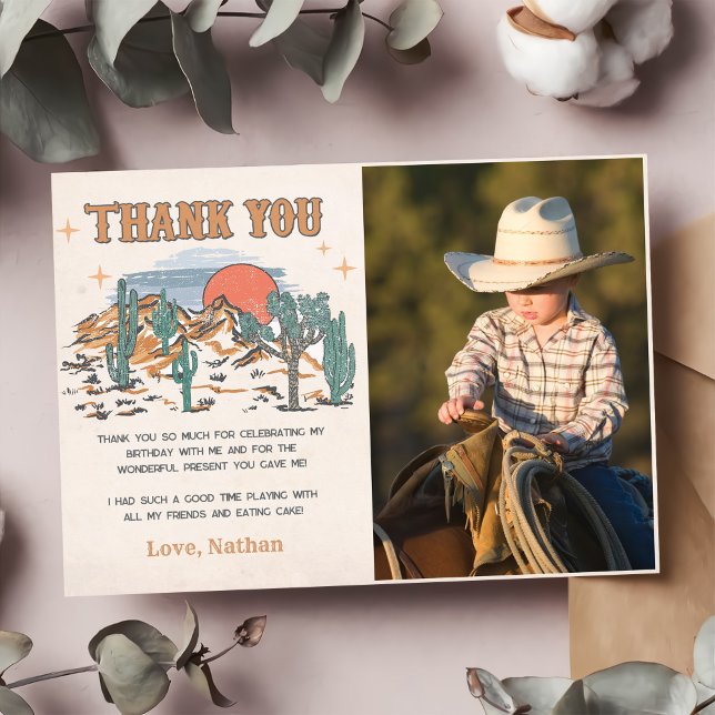 Wild West Cowboy Birthday Party Photo Thank You Card (Creator Uploaded)