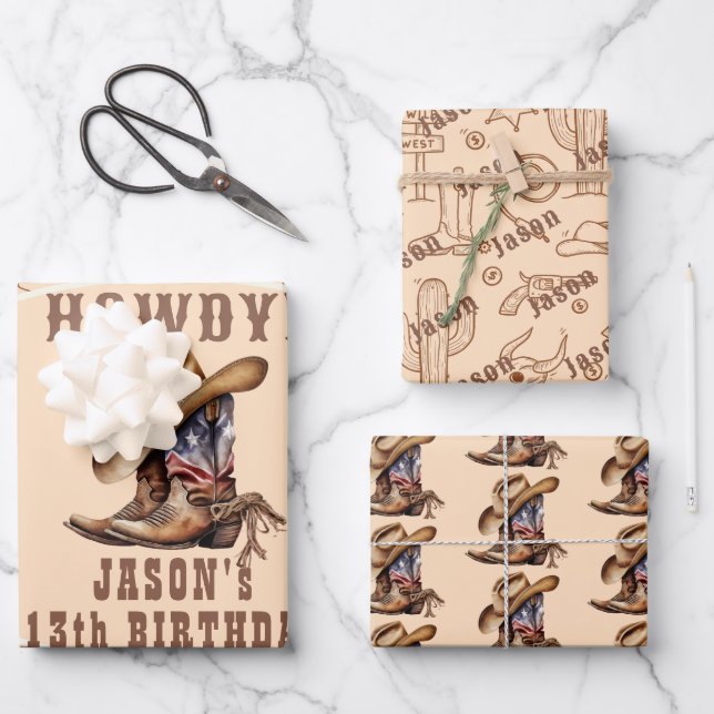 Wild west cowboy birthday wrapping paper sheet (Front)