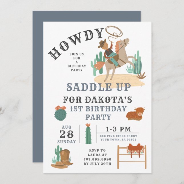 Wild West Cowboy Boy First Birthday Invitation (Front/Back)