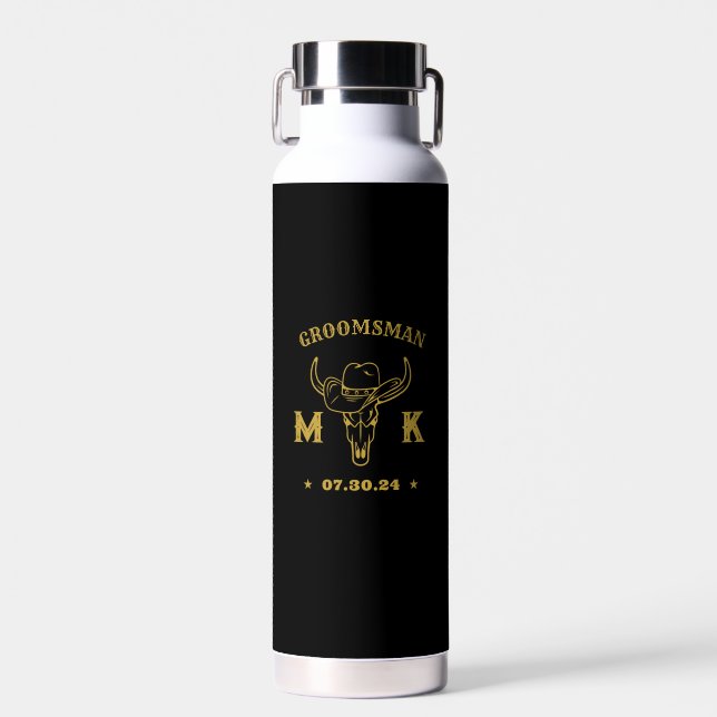 Wild West Cowboy Personalised Monogram Groomsmen Water Bottle (Front)