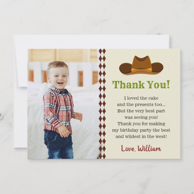 Wild West Cowboy Rodeo Kids Boys Birthday Party Thank You Card (Front)