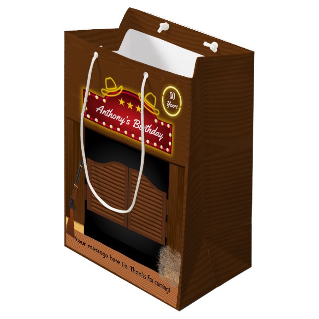 Wild West Cowboy Themed Birthday Guest Favour Medium Gift Bag (Front Angled)