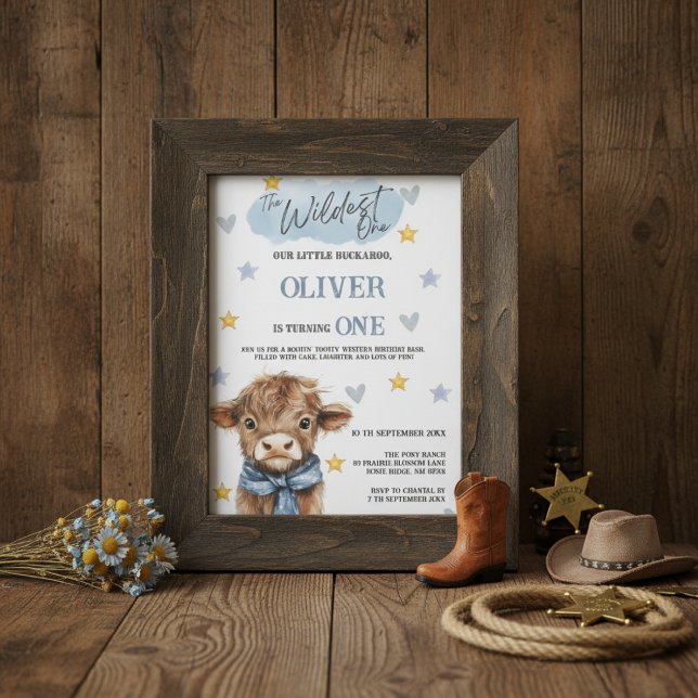 Wild West First Birthday • Little Buckaroo Theme Invitation (Cowboy-style Wildest One birthday invite in rustic frame with hat, rope, and burlap background)