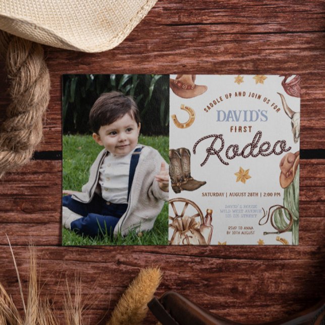Wild West First rodeo Boy 1st Birthday Photo Invitation (Boy 1st Birthday Cowboy Wild West Printable Digital Download Invitations template)