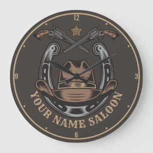 Wild West Revolver Horseshoe Western Cowboy Saloon Large Clock