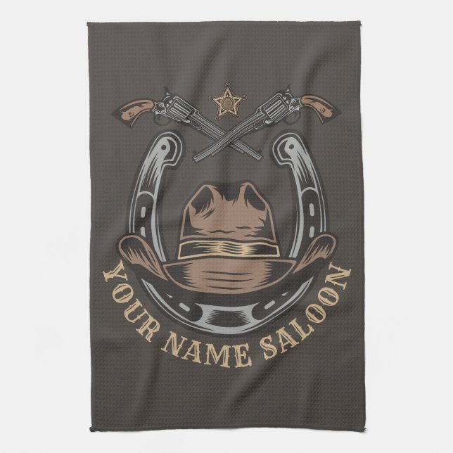 Wild West Revolver Horseshoe Western Cowboy Saloon Tea Towel (Vertical)