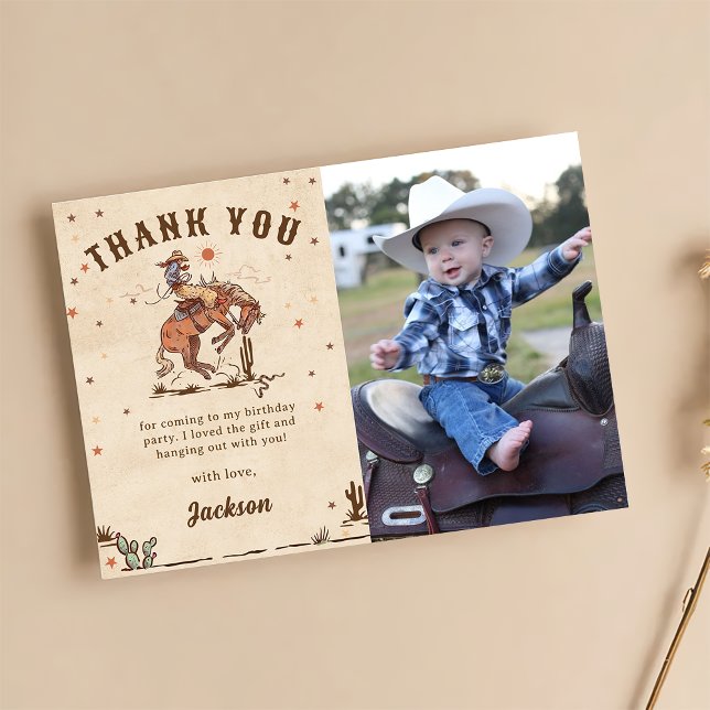 Wild West Rodeo Cowboy Birthday Photo Thank You Card (Creator Uploaded)