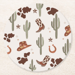 Wild West Rodeo Cowboy Cactus birthday party Round Paper Coaster