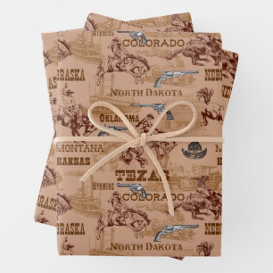 Wild West Rodeo Cowboys Broncos Six Shooters Wrapping Paper Sheet