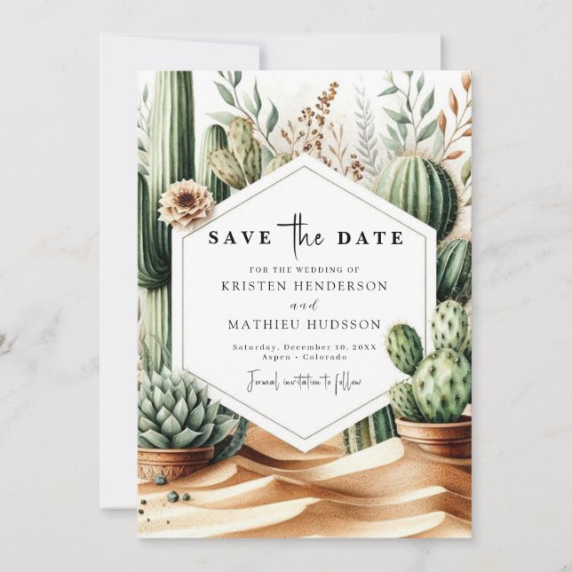 Wild West Romantic Cactus Wedding Save The Date (Front)