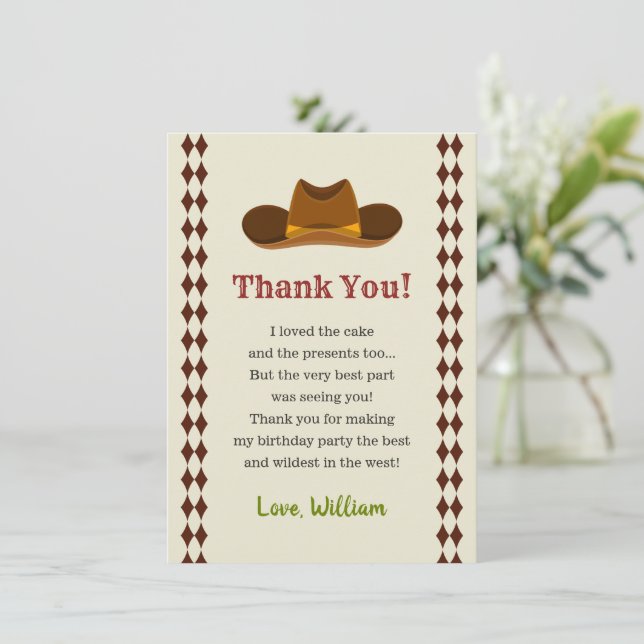 Wild West Saloon Cowboy Birthday Party Boys Kids Thank You Card (Standing Front)