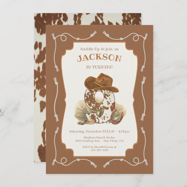 Wild West Western Cowboy 9th Birthday Party Invitation (Front/Back)