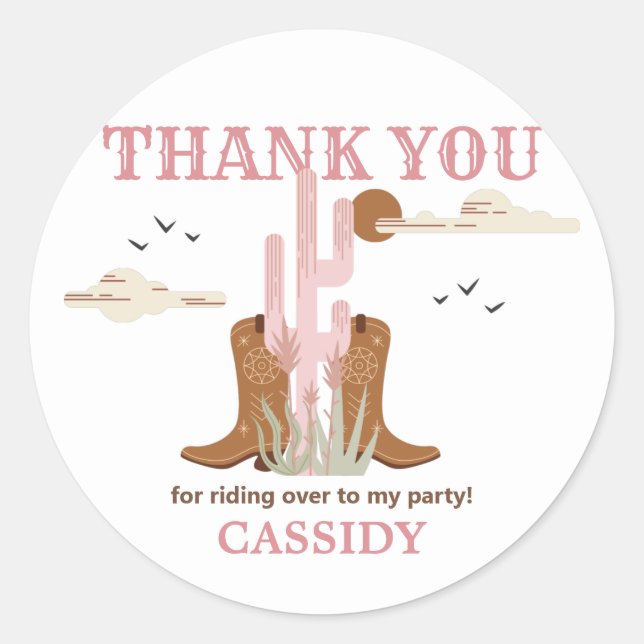 Wild West Western Cowgirl Birthday Party Thank You Classic Round Sticker (Front)