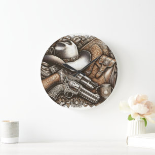 Wild West With Cowboy Hat and Guns Large Clock
