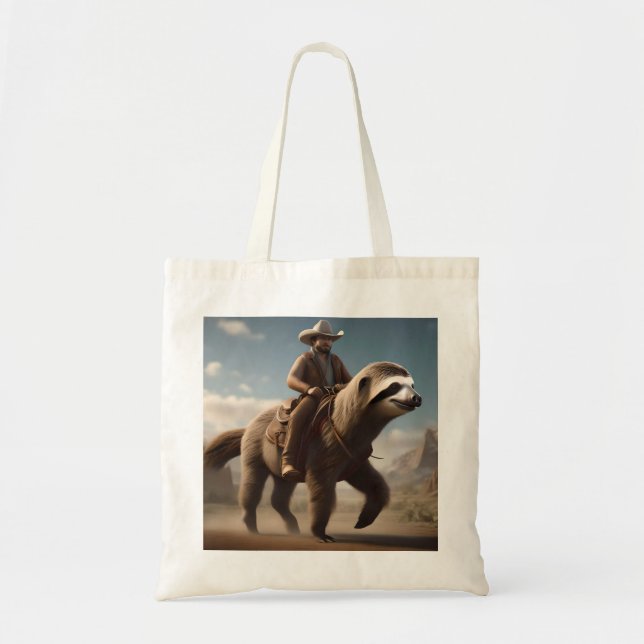 "Wild West Wonders: Cowboy Riding a Sloth Horse" Tote Bag (Front)