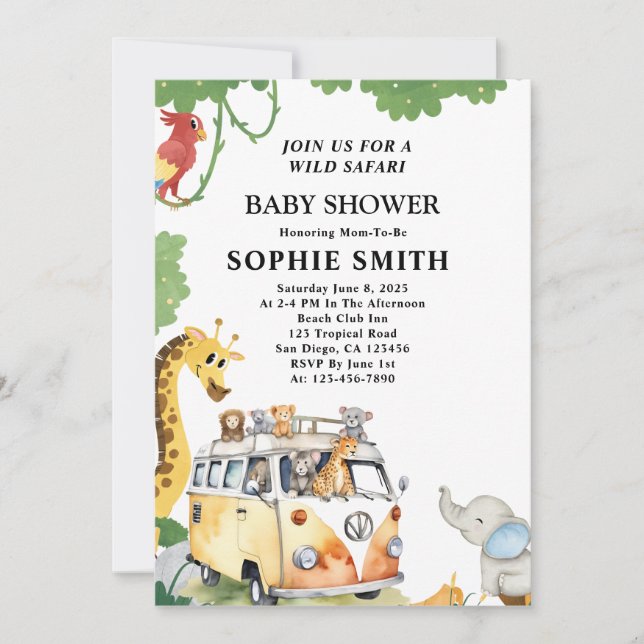 Wild Wheels Safari Animal Camper Van Baby Shower Invitation (Front)