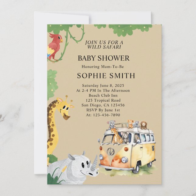 Wild Wheels Safari Animal Camper Van Baby Shower Invitation (Front)