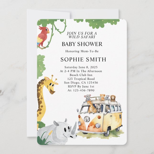 Wild Wheels Safari Animal Camper Van Baby Shower Invitation (Front)