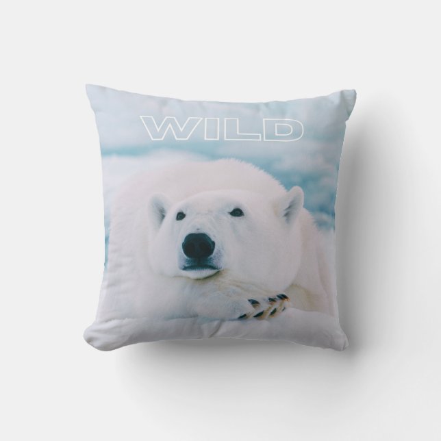 Wild White Arctic Polar Bear in Icy Snow Scene Cushion (Front)