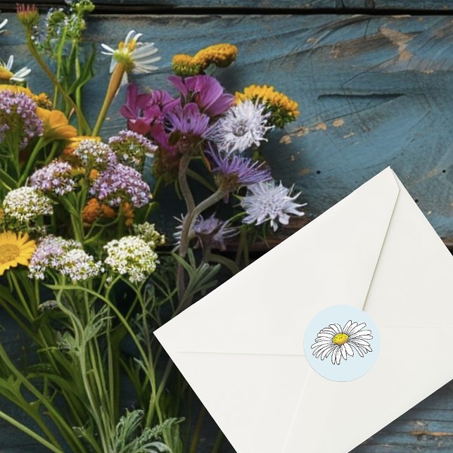 Wild White Daisy Blue Classic Round Sticker (Creator Uploaded)