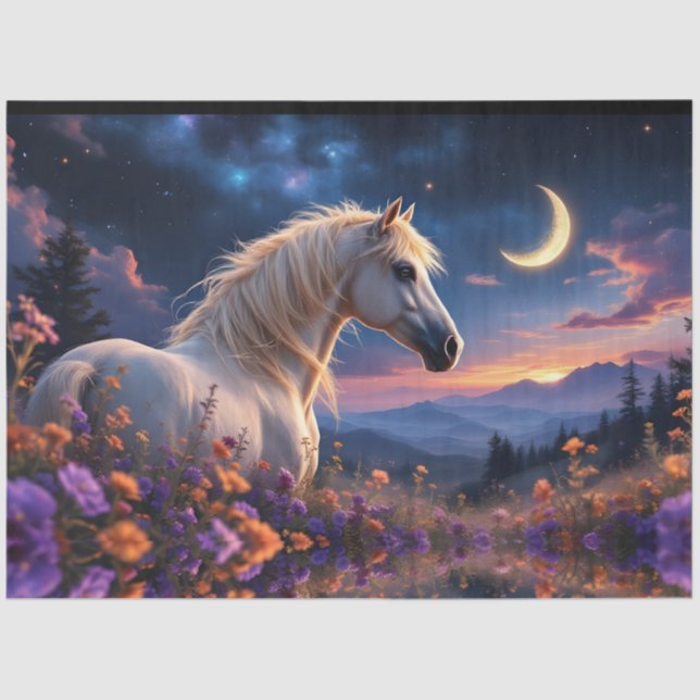 Wild White mustang Colourful flowers crescent moon Tissue Paper (Front)