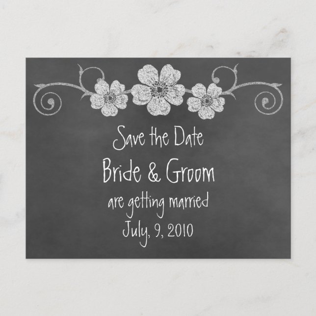 Wild White Roses Chalkboard Save the Date Postcard (Front)