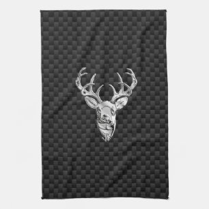 Wild White Tail Deer on Carbon Fibre Style Print Tea Towel