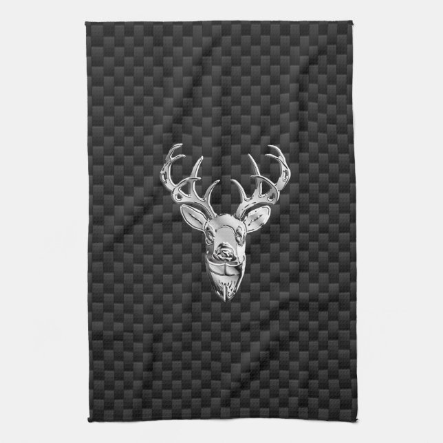 Wild White Tail Deer on Carbon Fibre Style Print Tea Towel (Vertical)