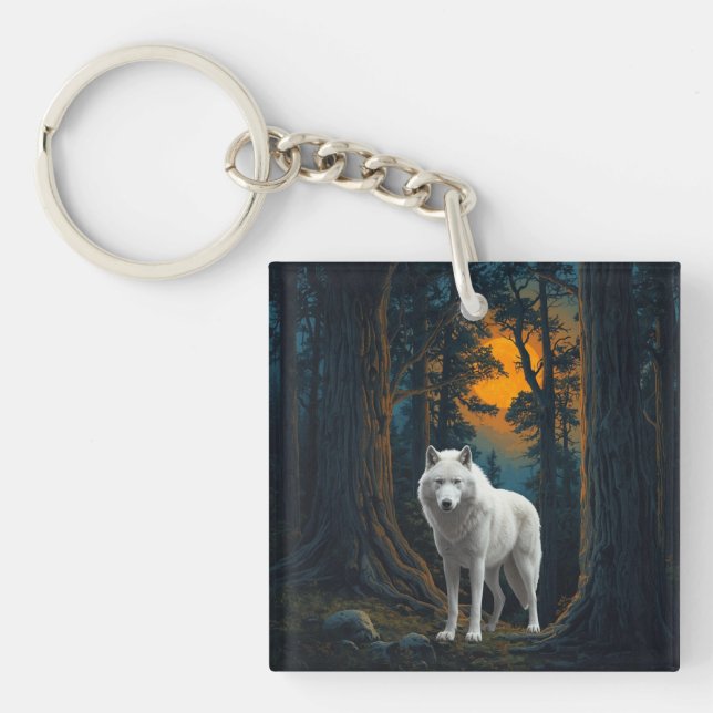 Wild White Wolf Under Moonlight Forest Animal Key Ring (Front)