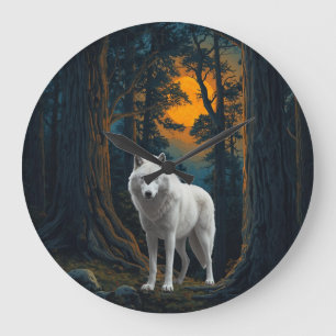 Wild White Wolf Under Moonlight Forest Animal Large Clock
