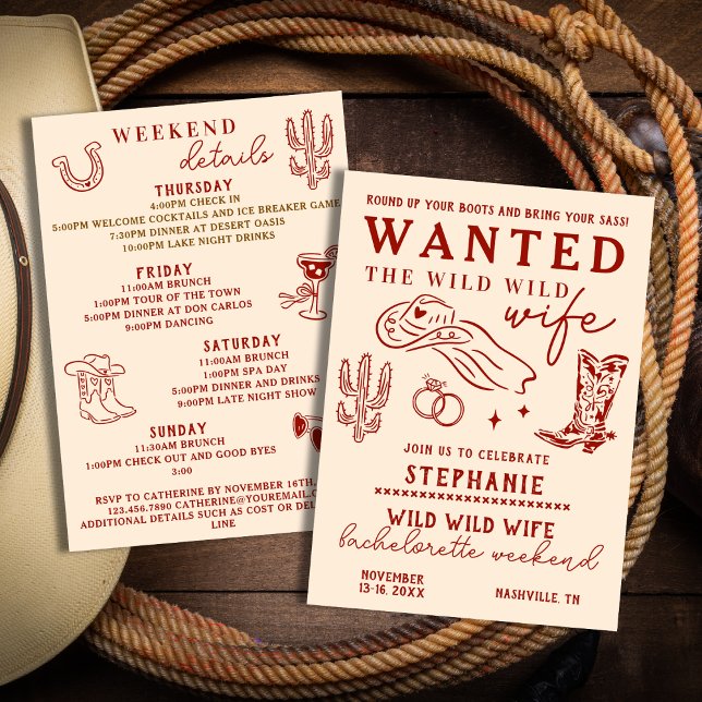 Wild Wild Wife Red Itinerary Bachelorette Party  Invitation (Creator Uploaded)