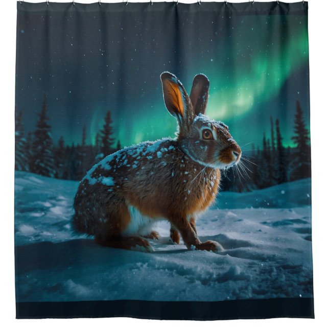 Wild Winter Hare & Aurora Wildlife Design Shower Curtain (Front)