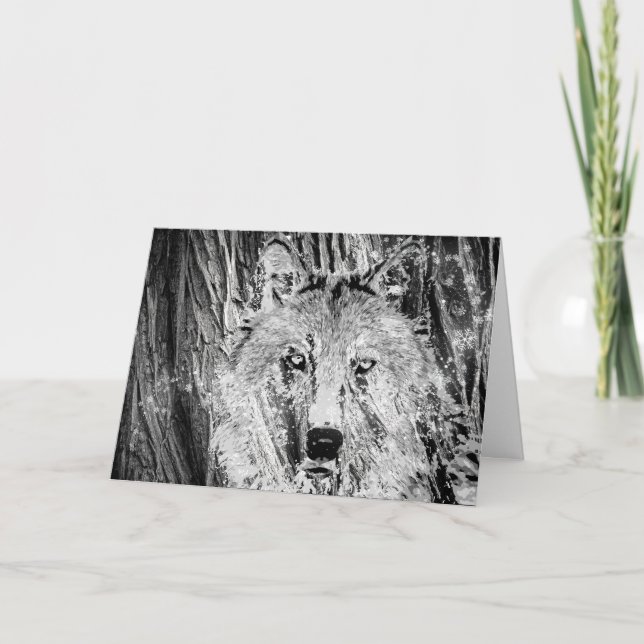 Wild Winter Wolf Camouflage Tree and Snow Birthday Card (Front)