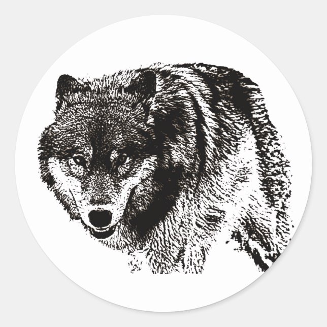 Wild Wolf Black & White Artwork Classic Round Sticker (Front)