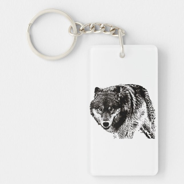 Wild Wolf Black & White Artwork Key Ring (Front)