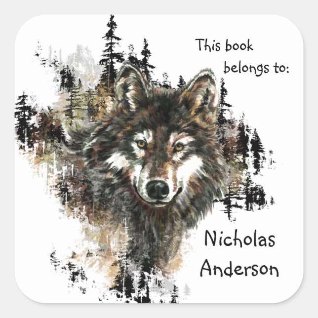 Wild Wolf Mountain Art Custom Bookplate art Square Sticker (Front)