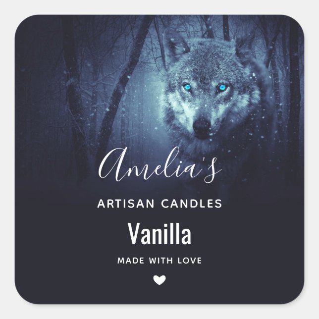 Wild Wolf with Amazing Blue Eyes Candle Business Square Sticker (Front)