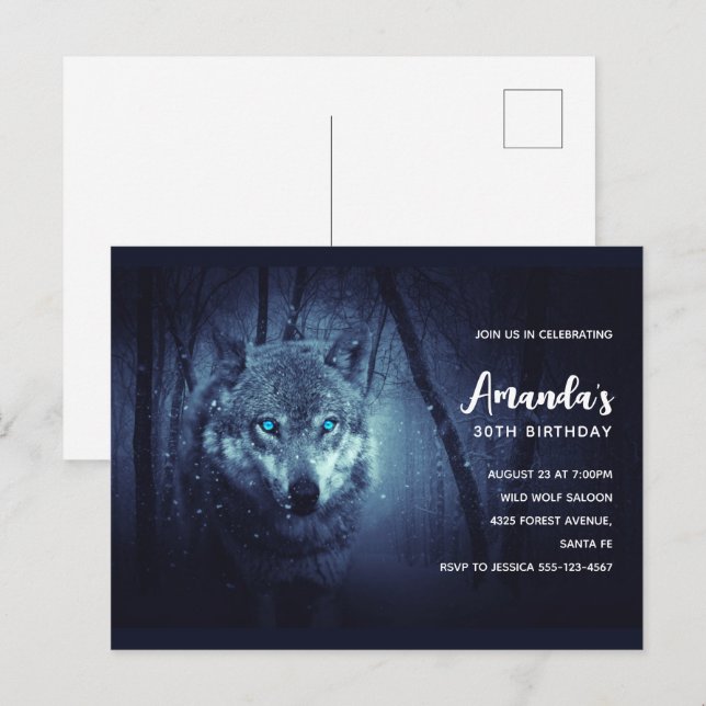 Wild Wolf with Beautiful Blue Eyes Birthday Invite Postcard (Front/Back)