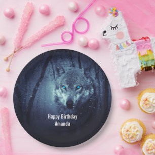 Wild Wolf with Beautiful Blue Eyes Birthday Paper Plate